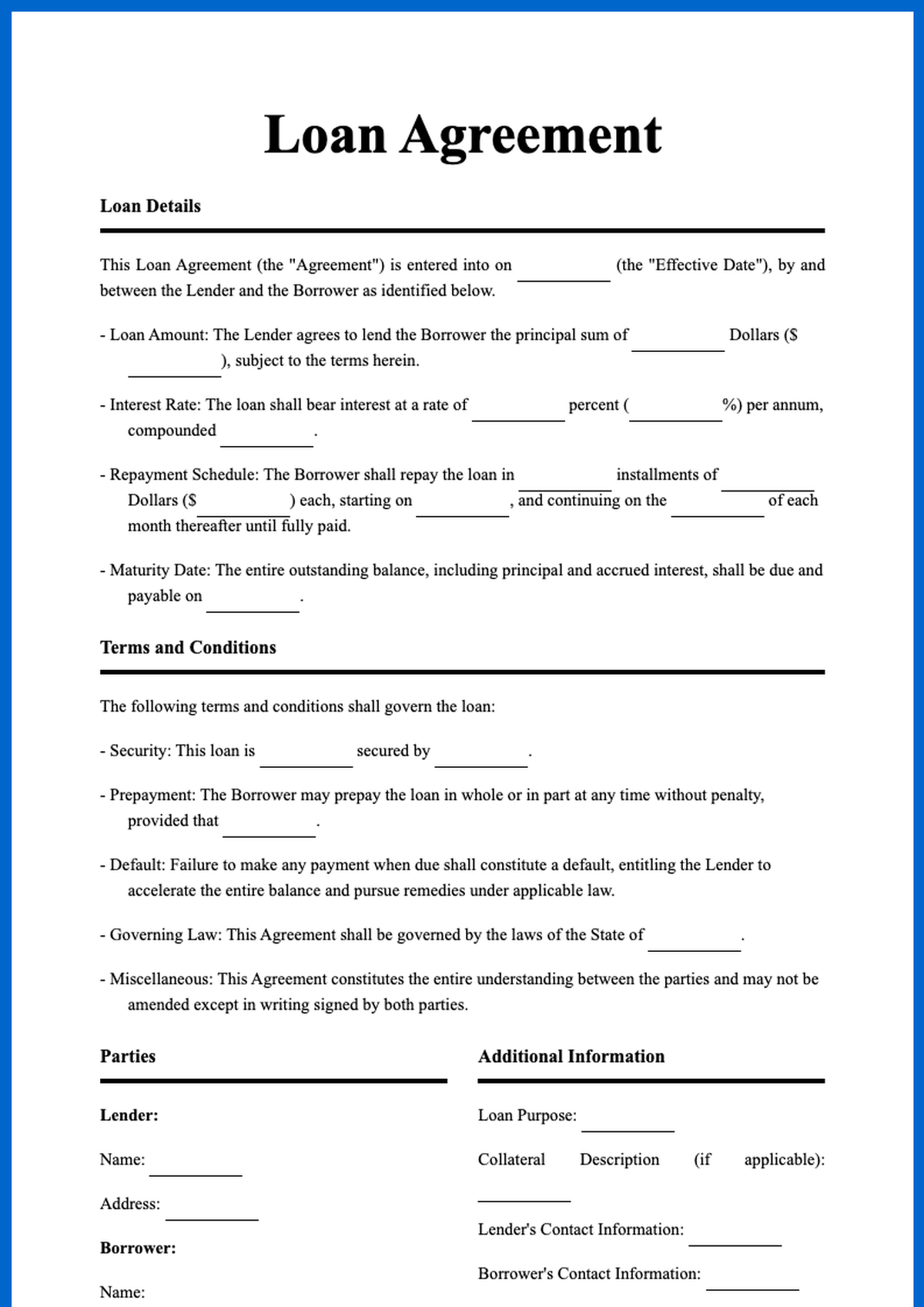 Formal loan agreement template with fillable fields for parties and loan details_variant_2